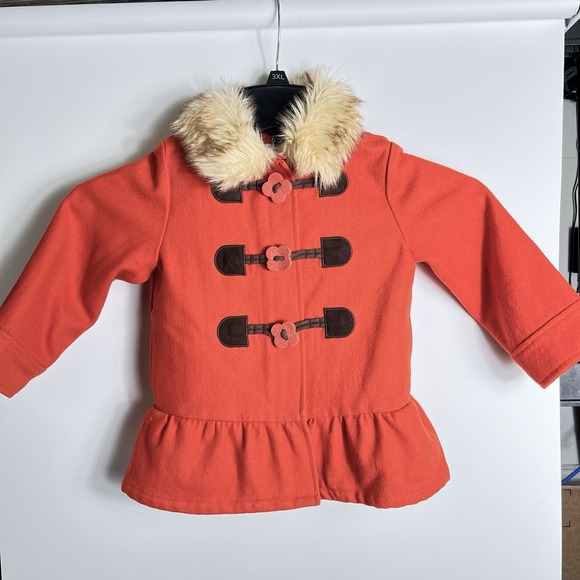Gymboree Other - Gymboree Girls XS 3-4 Red-Orange Wool Toggle Coat‎ Faux Fur Collar Peacoat EUC